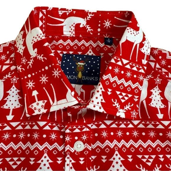 Simon Banks Christmas Holiday Reindeer Button Up Mens Long Sleeve Shirt SM NWOT - Picture 3 of 8